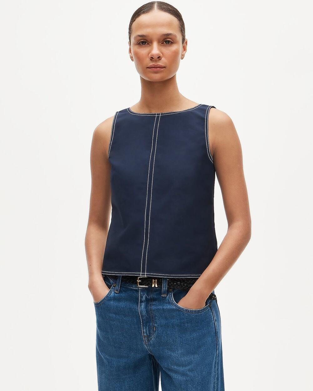 J.Crew Casual Contrast Stitch Shell Top Double Cotton Poplin Navy Size 6 NWT